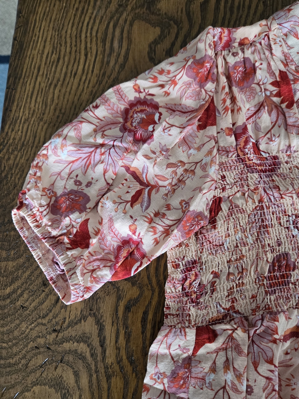 Knox Rose Cream and Pink Floral Smocked Peasant Top